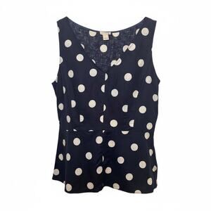 J Crew Navy White Polka Dot Peplum Sleeveless V Neck Top Linen Blend Womens Sz 4